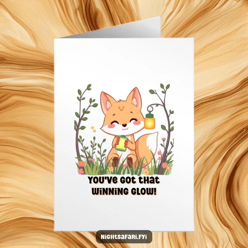 Funny Free Printable Congratulations Card: A fox with a lantern peeking from bushes, celebrating success, ready to print at home.