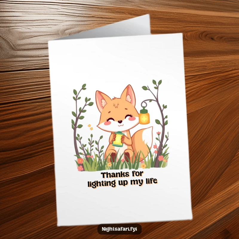 Funny Free Printable Thank You Card: A smiling fox with a lantern peeking from bushes, expressing thanks, ideal for print at home.
