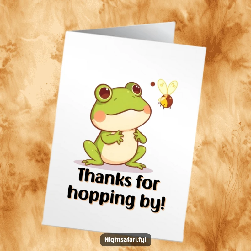 Funny Free Printable Thank You Card: A surprised frog leaps from a zipping firefly, showing your thanks with humor.