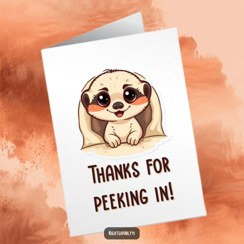 Funny Free Printable Thank You Card: Cute meerkat peeking from burrow, conveying thanks with wide, happy eyes. Downloadable.