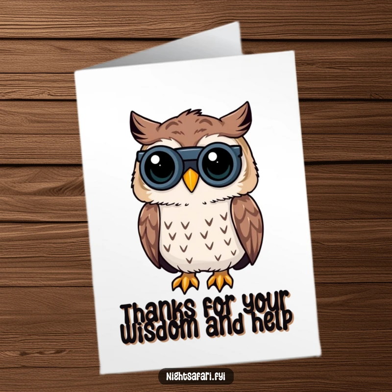Funny Free Printable Thank You Card: An owl with tiny binoculars curiously looks on, offering thanks.