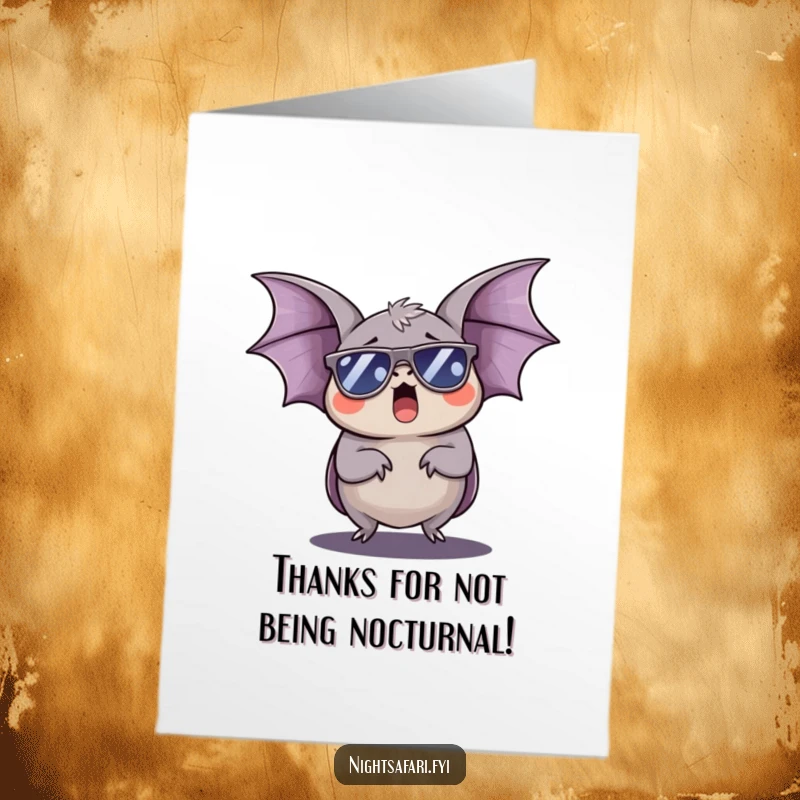 Funny Free Printable Thank You Card: A bat wearing sunglasses, yawning widely, expressing thanks sleepily.