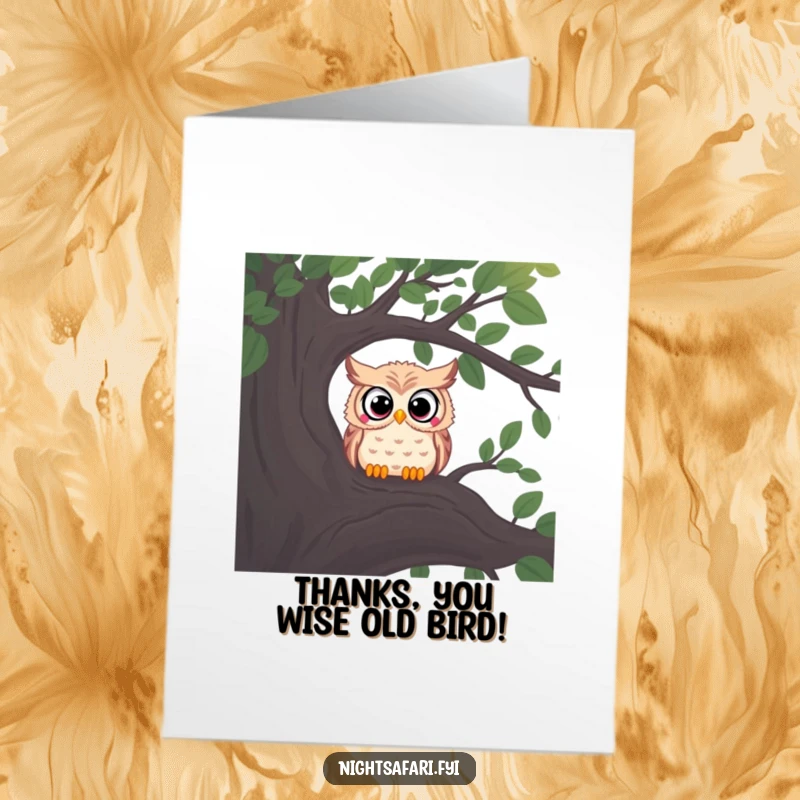 Free Printable Thank You Card: Curious owl with wide eyes peers from a shadowy tree branch, expressing deep thanks.