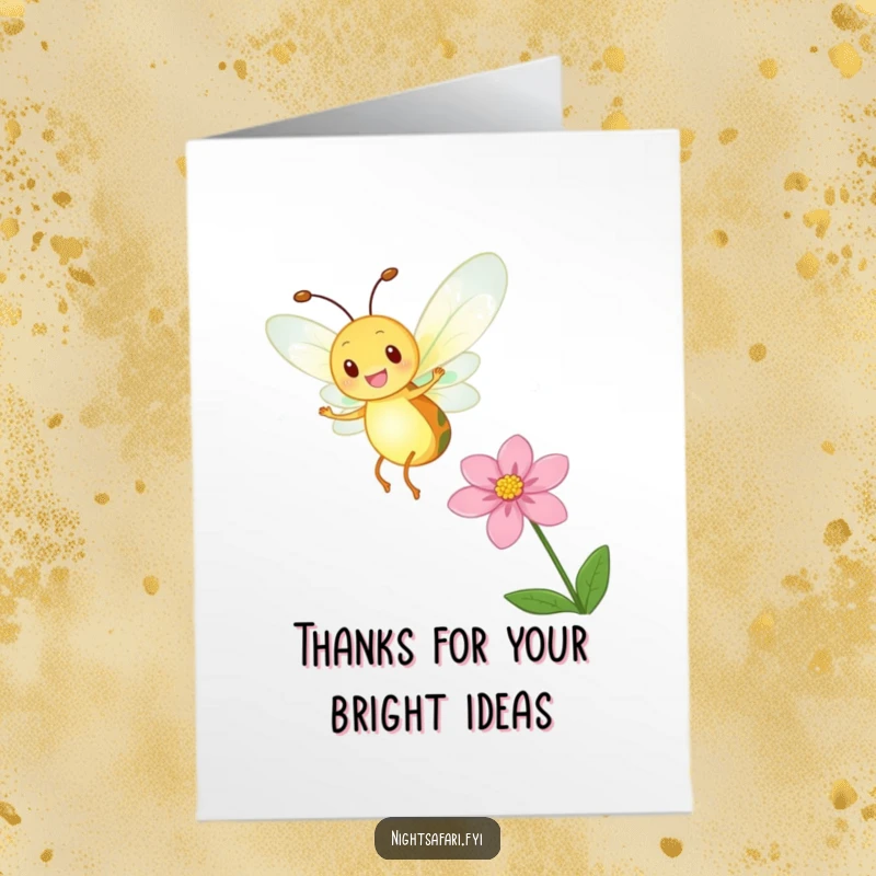 Funny Free Printable Thank You Card: A delighted firefly with a glowing body dances near a flower, offering a grateful glow.