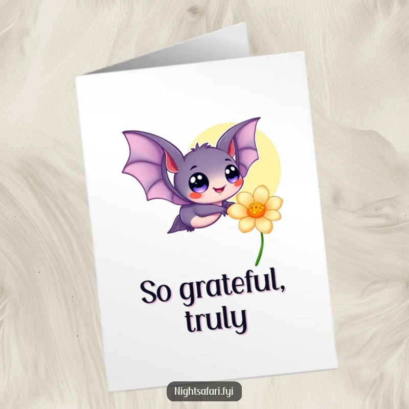 Funny Free Printable Thank You Card: A cheerful bat with wide eyes flutters near a bright flower, conveying thanks.