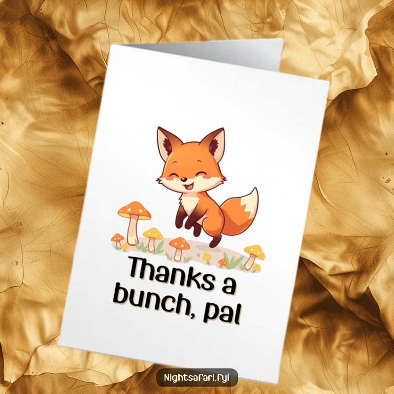 Funny Free Printable Thank You Card: A fox with a wide smile exploring glowing mushrooms with thanks.
