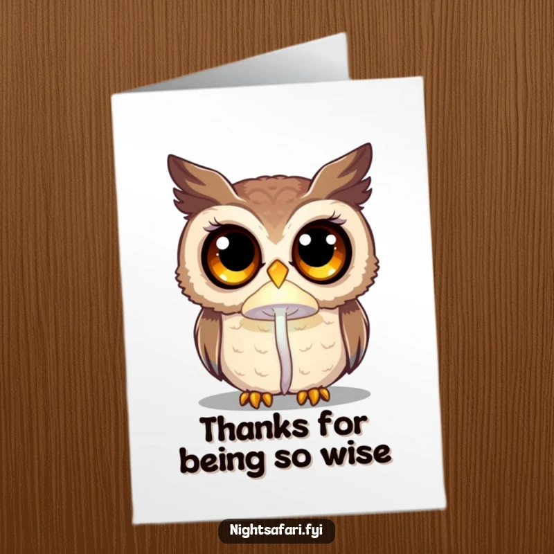 Funny free printable thank you card with a curious owl staring at a glowing mushroom, a unique way to express thanks.
