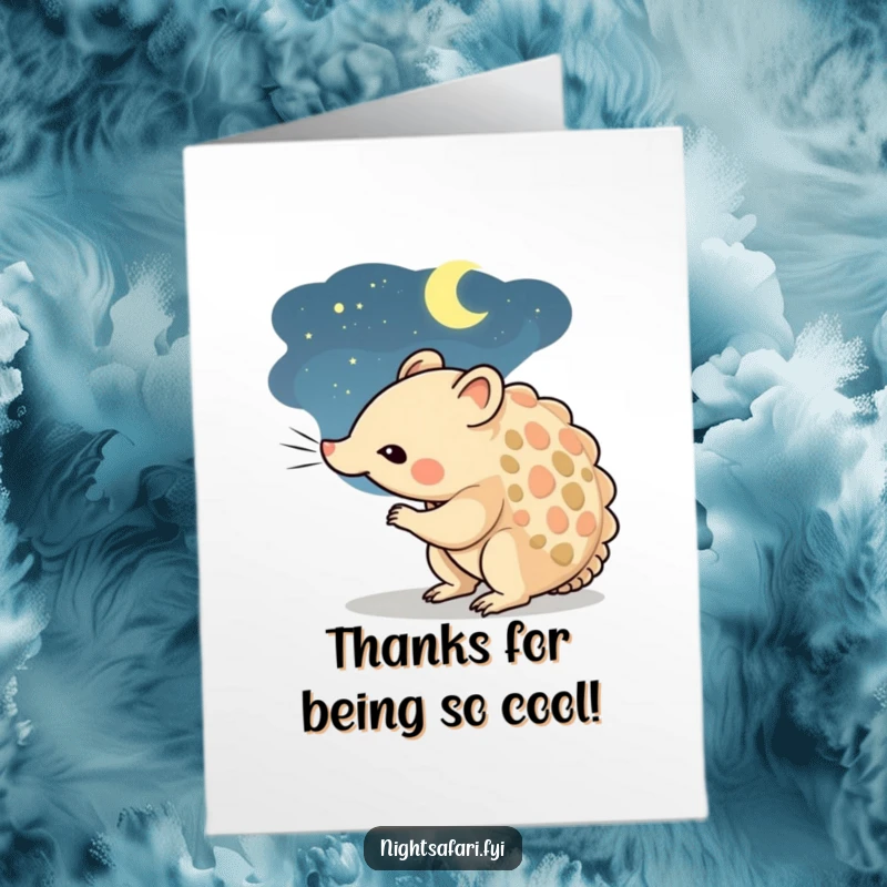 Funny Free Printable Thank You Card: A curious pangolin character is sniffing the night air thoughtfully.