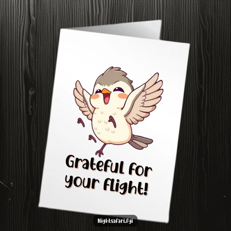 Funny Free Printable Thank You Card: Giggling nightjar character taking flight, spreading cheerful gratitude.