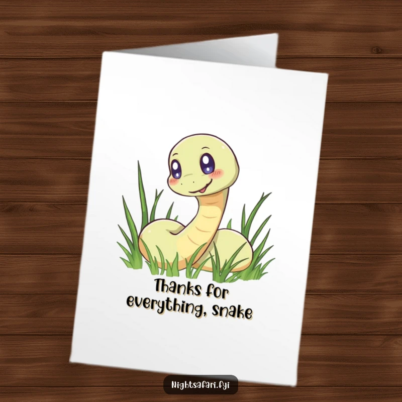 Funny Free Printable Thank You card depicting a smiling snake with glowing eyes, offering a unique way to say thanks with humor.