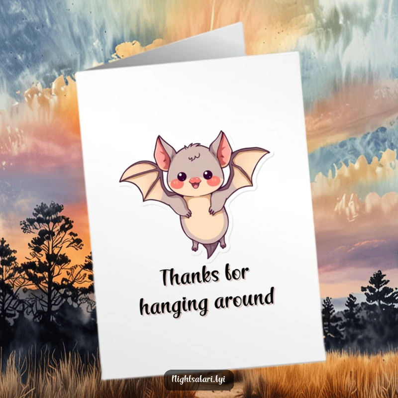 Funny Free Printable Thank You card showing a curious bat with tiny wings doing a playful loop, conveying thanks with charm.