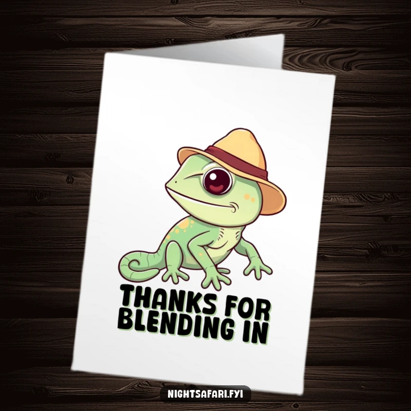 Funny Free Printable Thank You Card: Cheerful chameleon in safari hat changing colors, expressing heartfelt thanks.