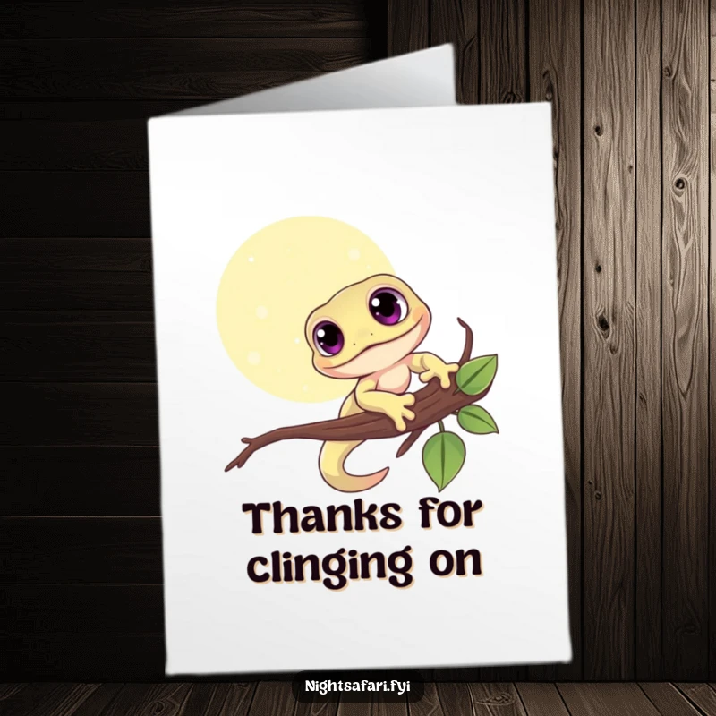 Funny Free Printable Thank You card with a cute gecko with big eyes on a moonlit branch, offering sincere appreciation.
