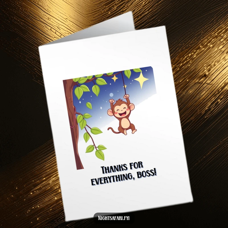 Free Printable Thank You Card: Playful monkey swings gleefully from a vine under a starry sky, expressing warm thanks.