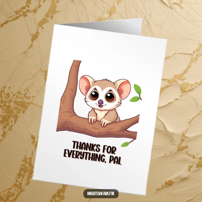 Funny Free Printable Thank You Card: A playful tarsier with large eyes peeks from a branch, offering a thankful glance.