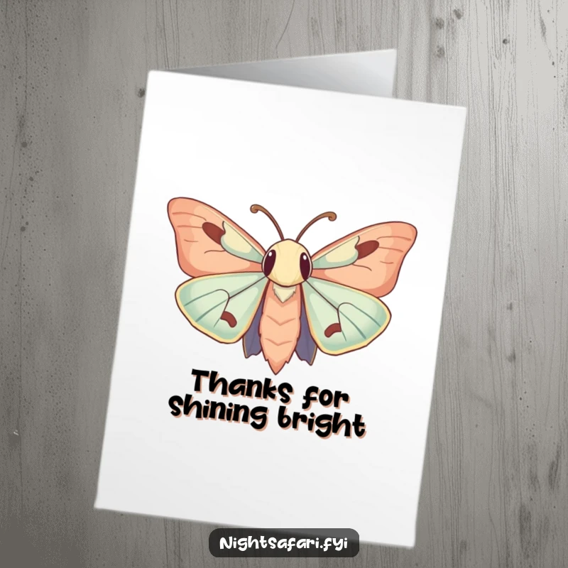 Funny Free Printable Thank You Card: Moth captivated by a light source, conveying appreciation.