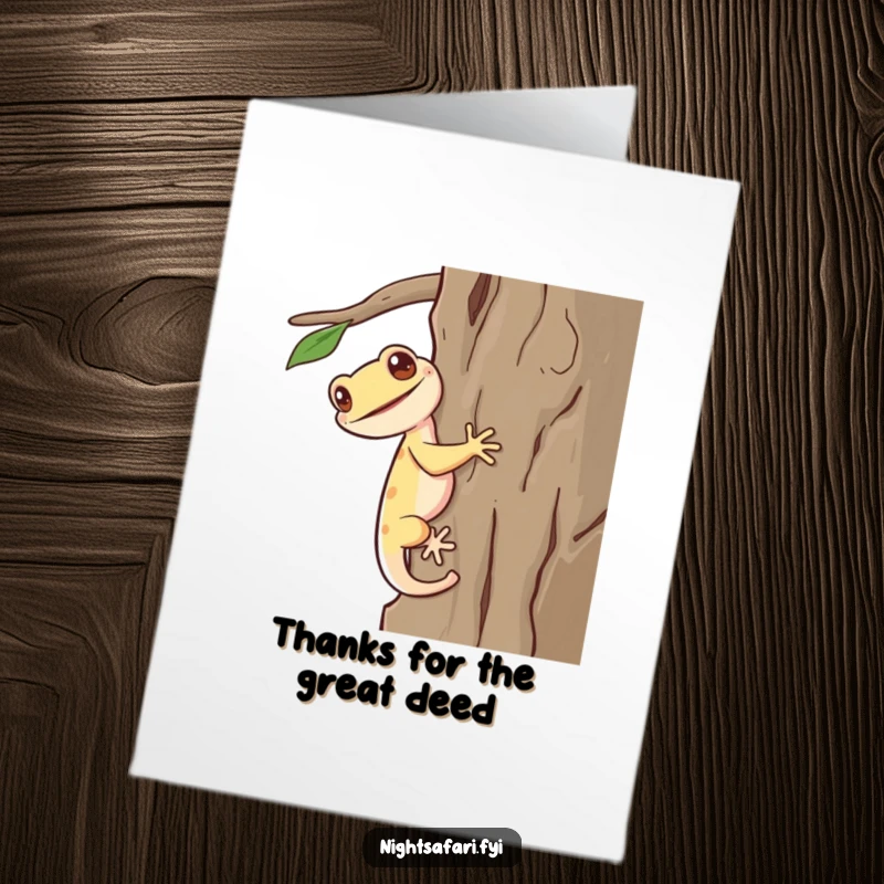 Funny Free Printable Thank You Card: A giggling gecko with a long tail climbing bark, conveying sincere thanks.