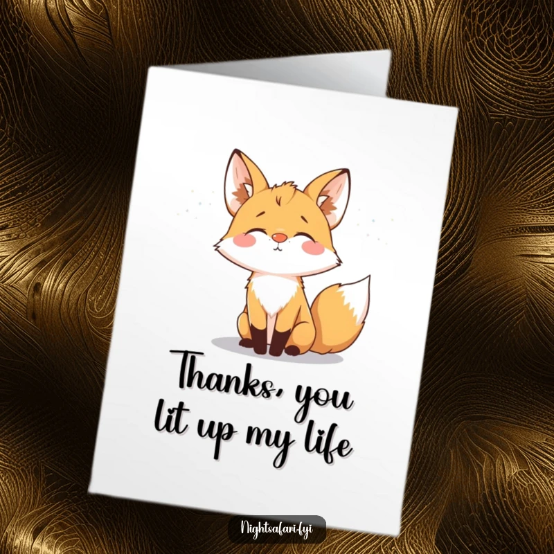 Funny Free Printable Fox Thank You Card: A delighted fox with a glowing nose sniffing the night air, sharing downloadable gratitude.