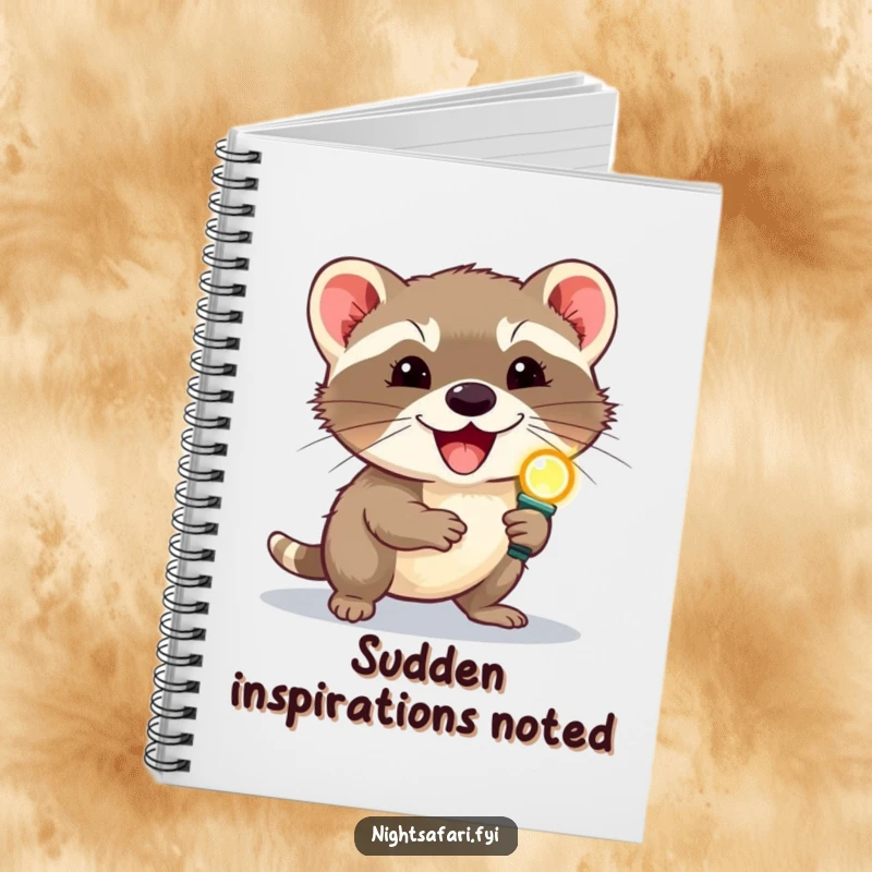 Funny delighted civet wearing a headlamp scurrying, inside a humorous notebook for jotting down creative thoughts.