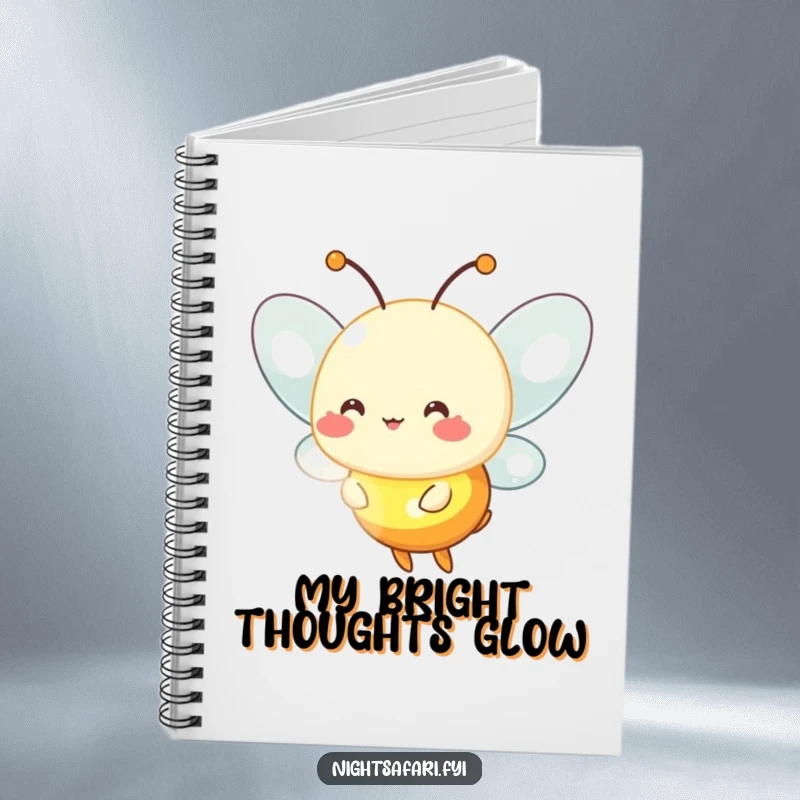 Funny firefly notebook featuring a cheerful firefly character emitting a soft, warm glow, perfect for notes.