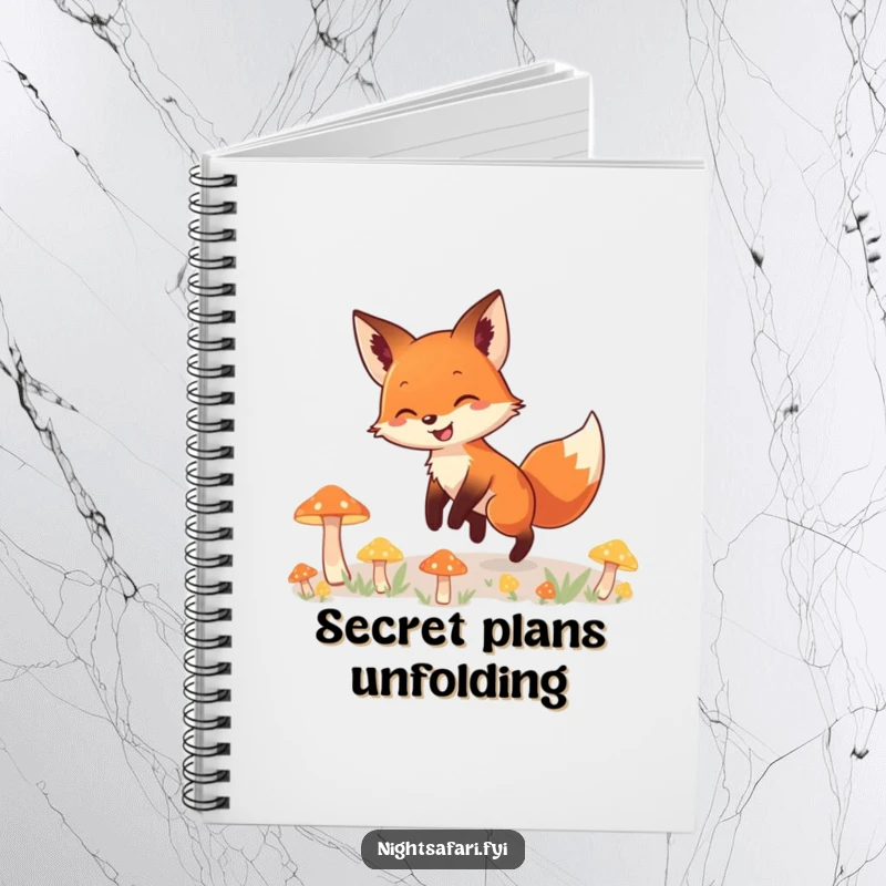 Funny notebook featuring a smiling fox carefully navigating through a patch of enchanting, glowing mushrooms, perfect for magical notes.