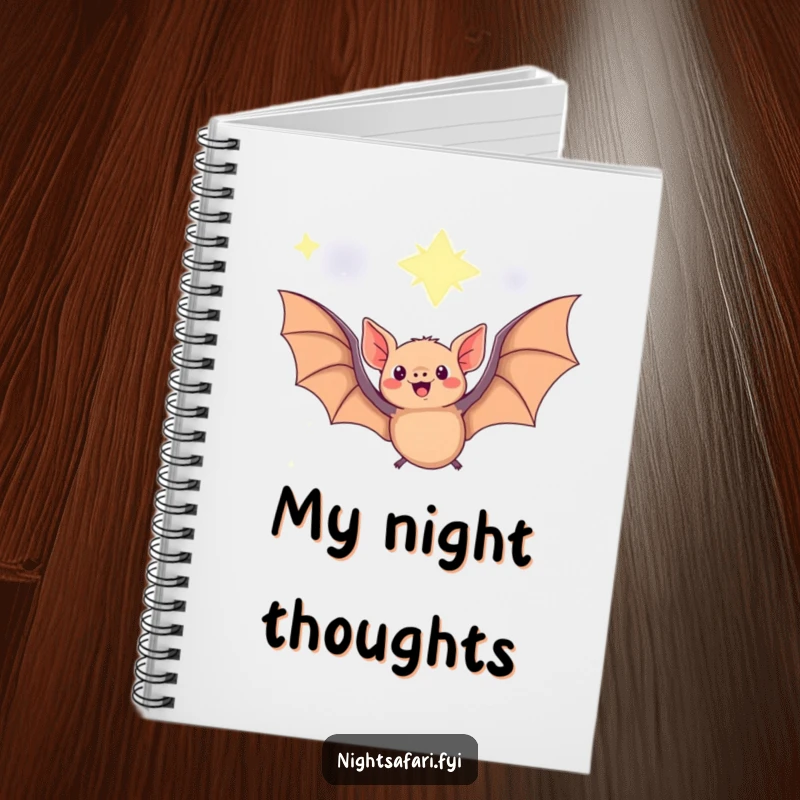 Funny Fruit Bat Notebook featuring a delighted fruit bat under a starry sky, perfect for jotting down magical thoughts.