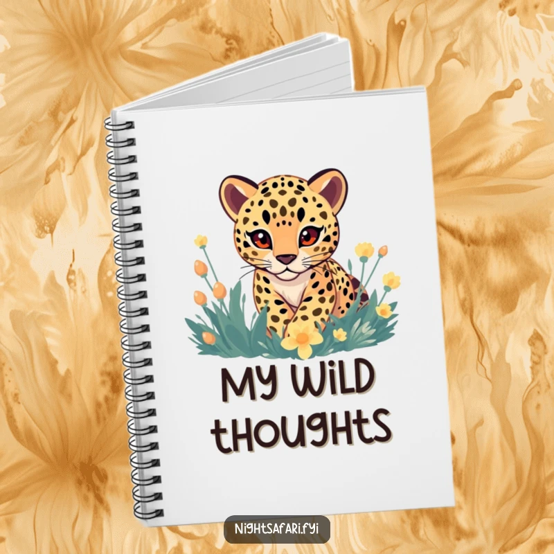 Funny Notebook: Gentle-eyed leopard playfully stalking through vibrant, glowing flora for humorous note-taking.