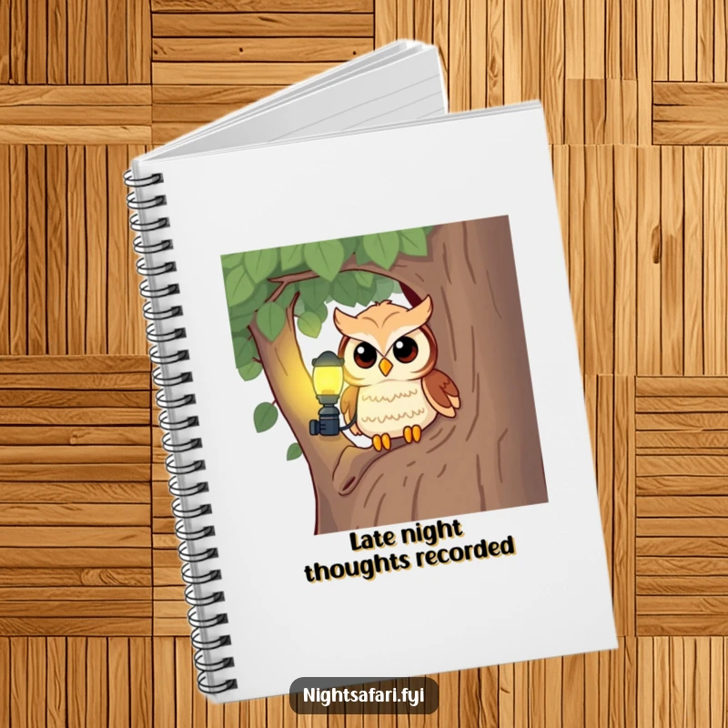 Funny owl with a headlamp on this notebook, perfect for jotting down curious ideas and observations.