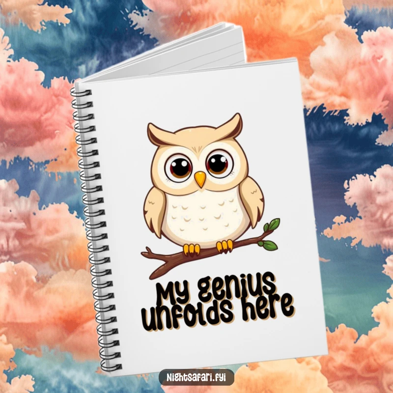 Funny owl notebook featuring a wide-eyed owl character perched on a branch, perfect for jotting down funny thoughts.