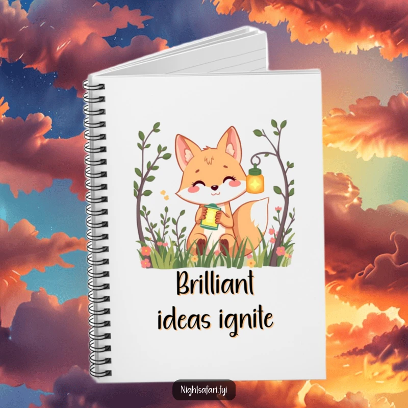 Funny notebook with a smiling fox peeking from bushes, holding a glowing lantern, great for journaling and creativity.