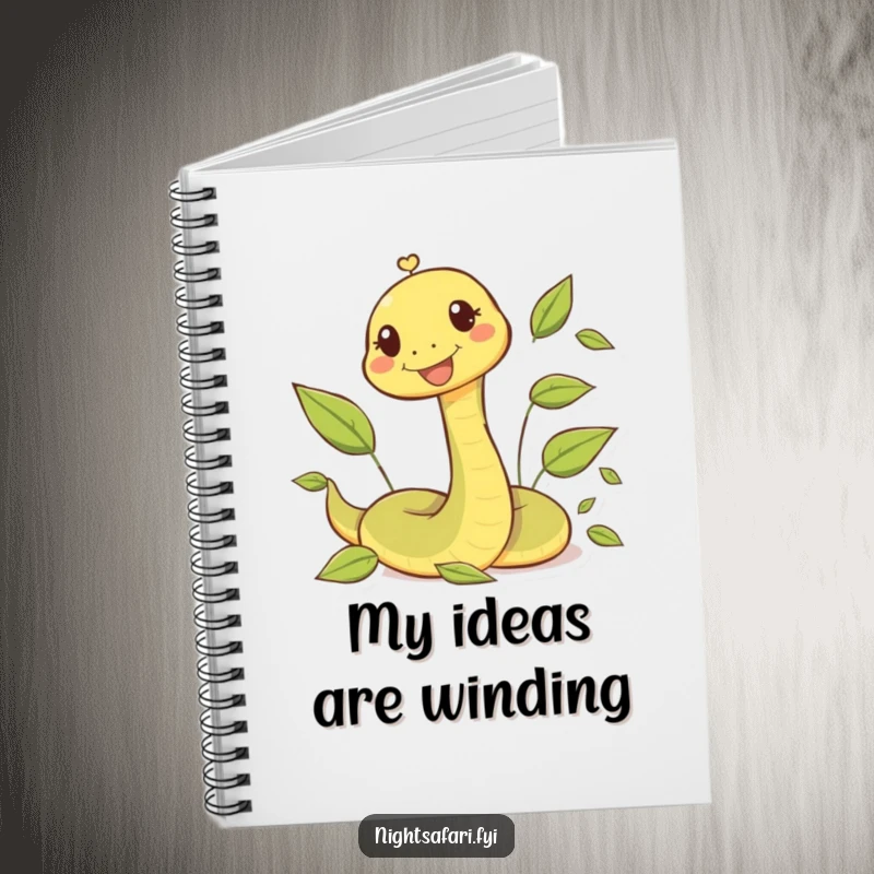 Funny notebook with a happy snake character playfully slithering through leaves, inspiring creative notes.