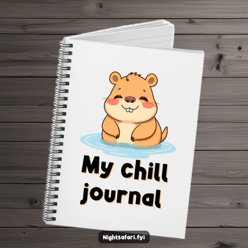 Funny notebook with a cheerful capybara character relaxing by water, ideal for jotting down peaceful thoughts.