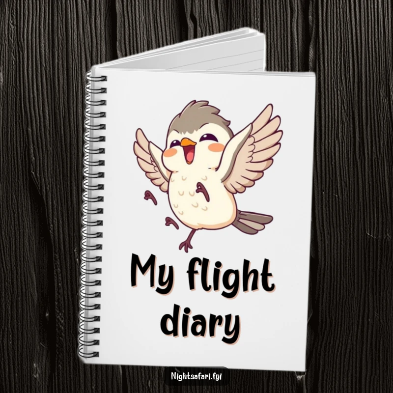Funny notebook showcasing a giggling nightjar character in flight, perfect for jotting down hilarious thoughts.