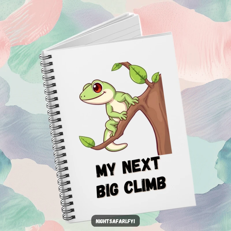 Funny Gecko Notebook featuring an energetic gecko climbing, ideal for jotting down cheerful notes and bright ideas.