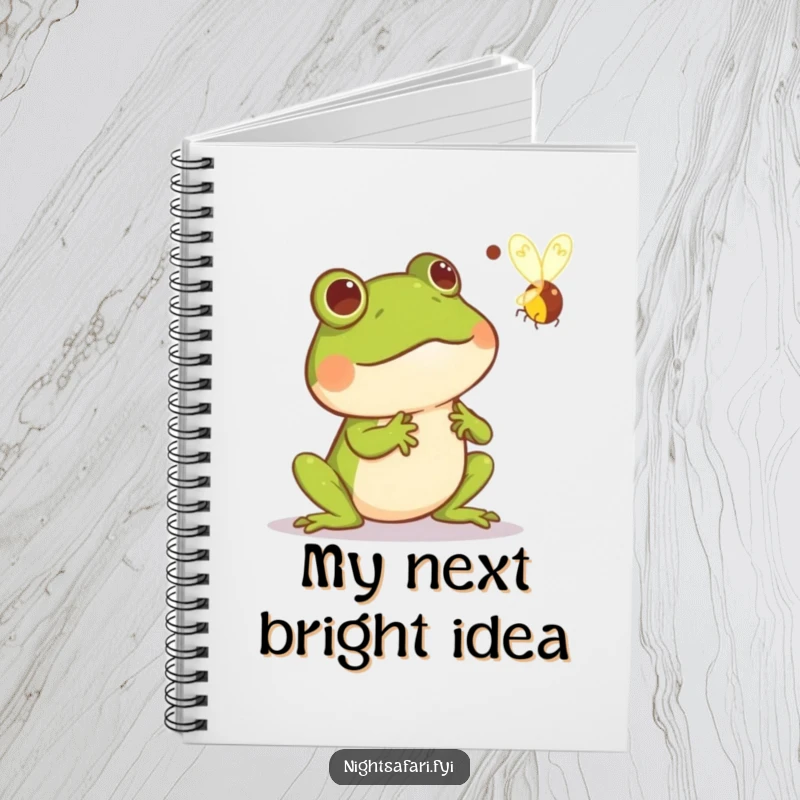 Funny notebook cover with a startled frog mid-leap, surprised by a swift firefly, perfect for jotting down humorous observations or daily tasks.