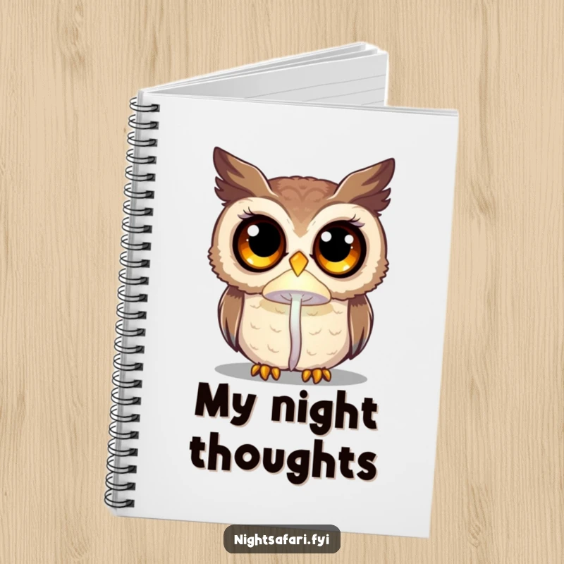 Funny curious owl with wide eyes, illuminated by a glowing mushroom, a mystical notebook for creative minds.