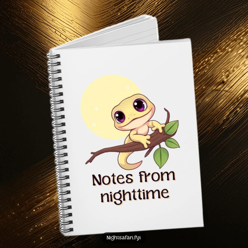 Funny notebook featuring a cute gecko with big eyes, perched on a moonlit branch, ready for notes.