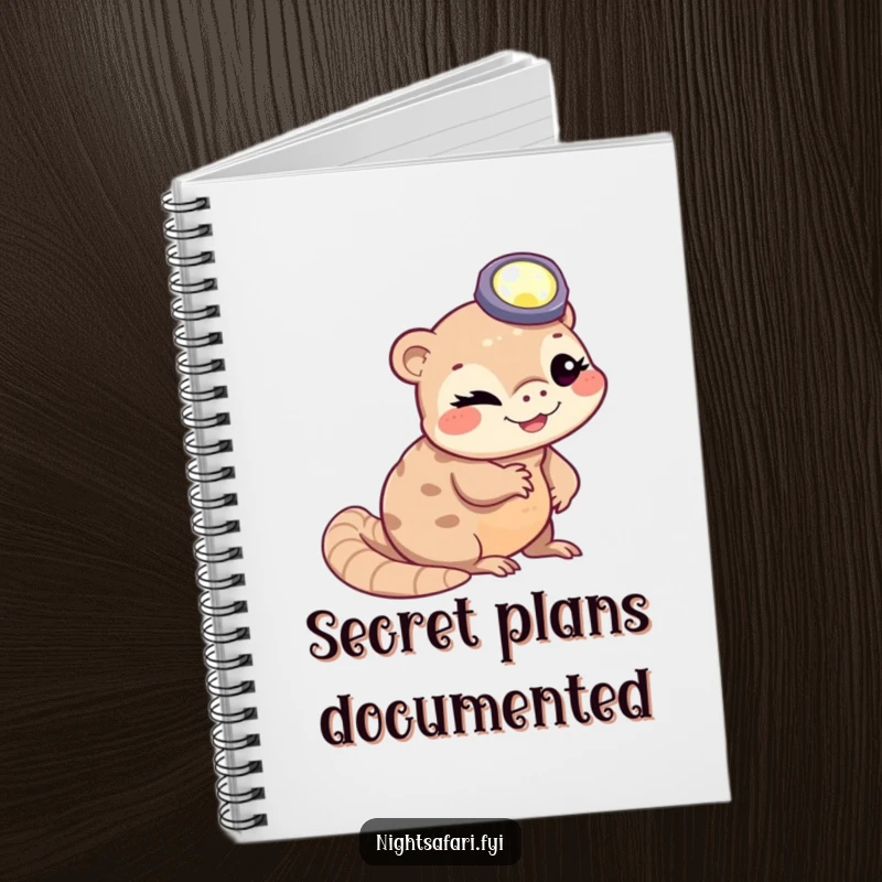 Funny winking pangolin wearing a headlamp slithering, inside a humorous notebook for jotting down creative thoughts.