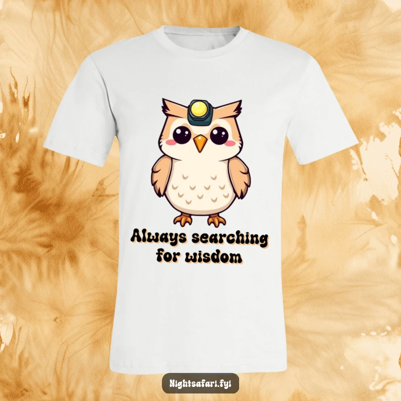 Funny Owl T-Shirt showing a happy owl wearing a tiny headlamp and hooting with delight, a humorous animal tee.