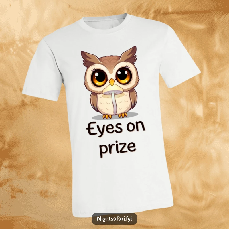 Funny curious owl with large eyes, lit by a faint glowing mushroom, printed on a mystical t-shirt.