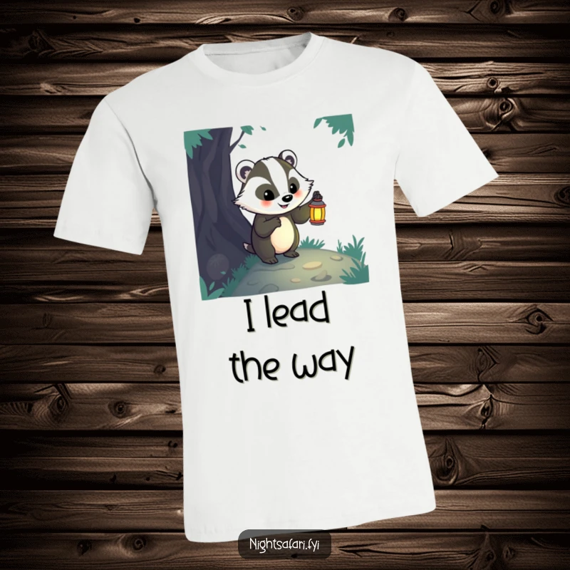 Funny badger with a lantern, bravely exploring a dark path, symbolizing courage and a humorous quest.