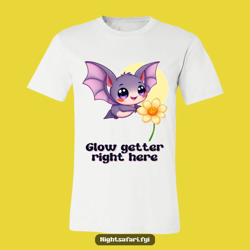 Funny Bat T-Shirt: Happy Eyes Fluttering, Magical Glowing Flower, Whimsical Wear