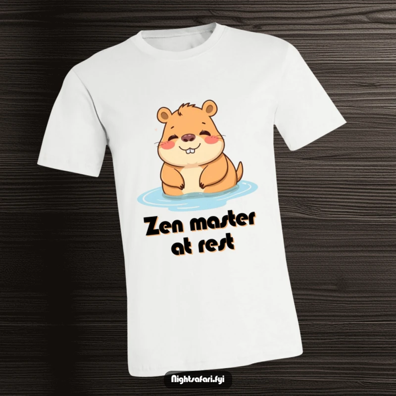 Funny t-shirt featuring a cheerful capybara character calmly relaxing near water, radiating peace and cool.