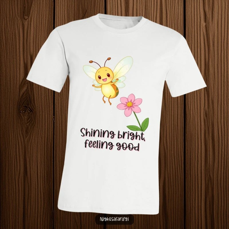 Funny Firefly T-Shirt showing a delighted firefly with a glowing body dancing near a flower, a humorous nature design.