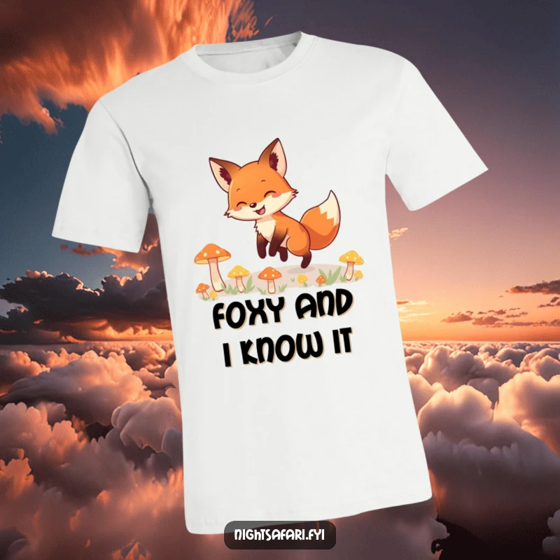 Funny t-shirt featuring a grinning fox stealthily walking among vibrant, glowing mushrooms, radiating playful forest energy.