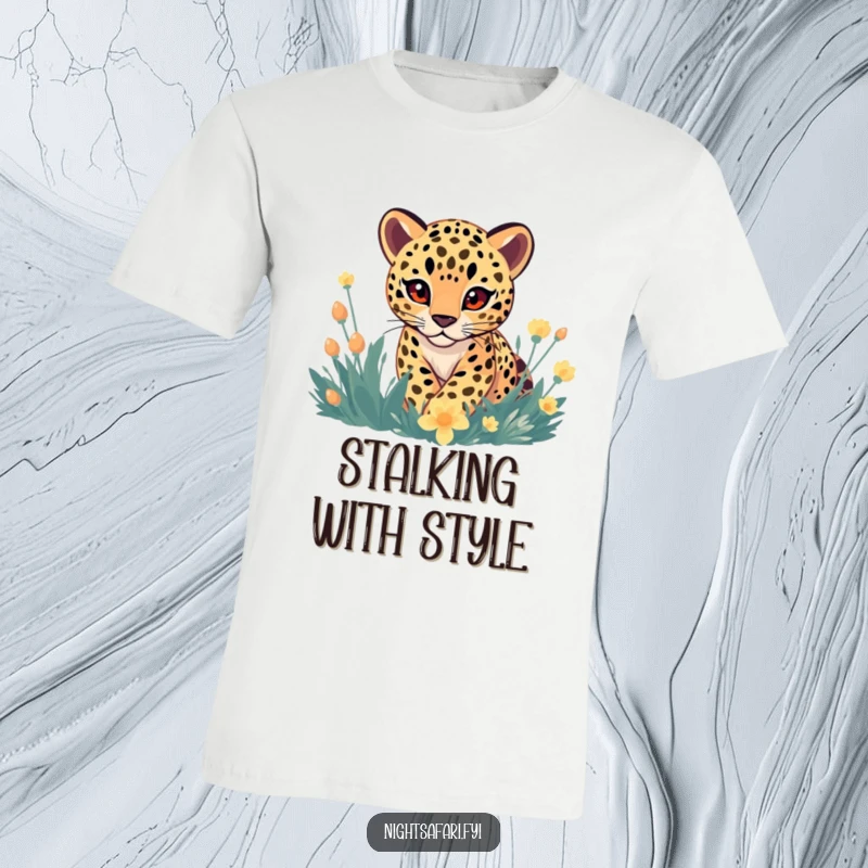 Funny T-Shirt: A leopard with soft, gentle eyes playfully stalking through an enchanted forest of glowing flora.