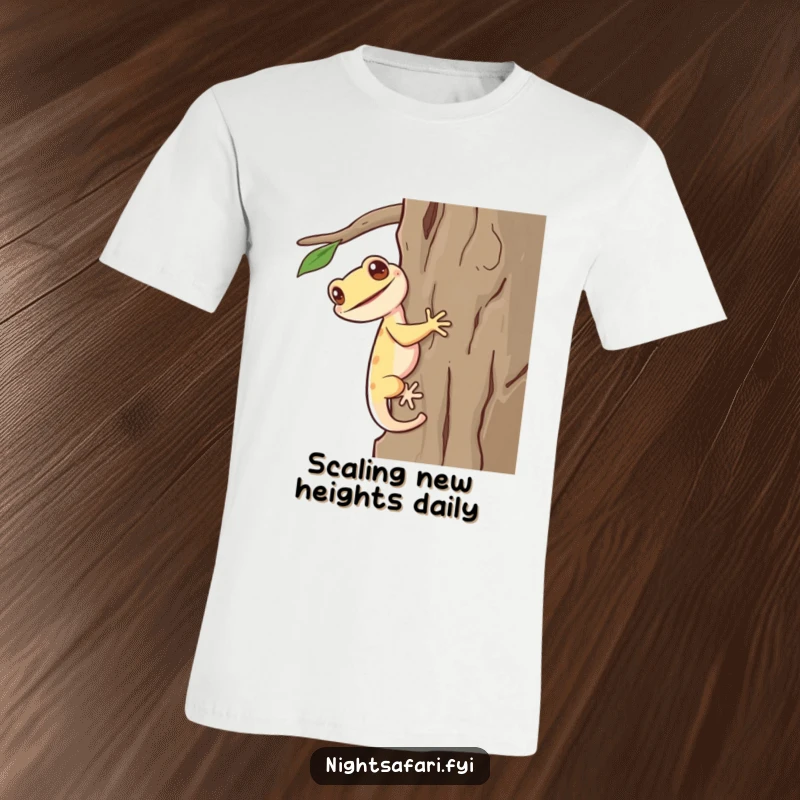 Funny Gecko T-Shirt: A giggling gecko with a long tail scurrying up bark, a playful and humorous shirt.