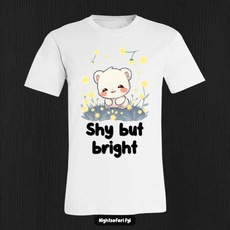 Funny t-shirt with a giggling shy creature hiding amongst glowing fireflies, perfect for expressing whimsical and introverted humor.