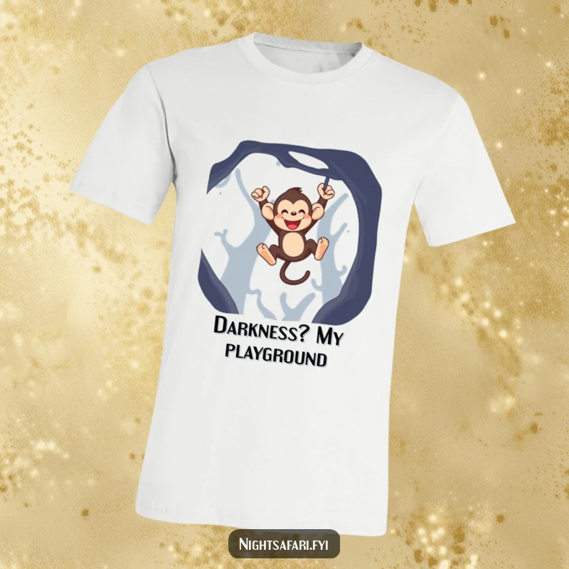Funny monkey t-shirt showing a happy monkey character swinging through the dark with joyful abandon.
