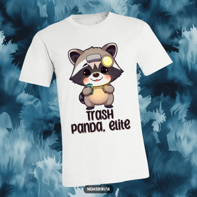 Funny cheerful raccoon wearing a headlamp rummaging, ideal for a humorous t-shirt celebrating nocturnal fun.